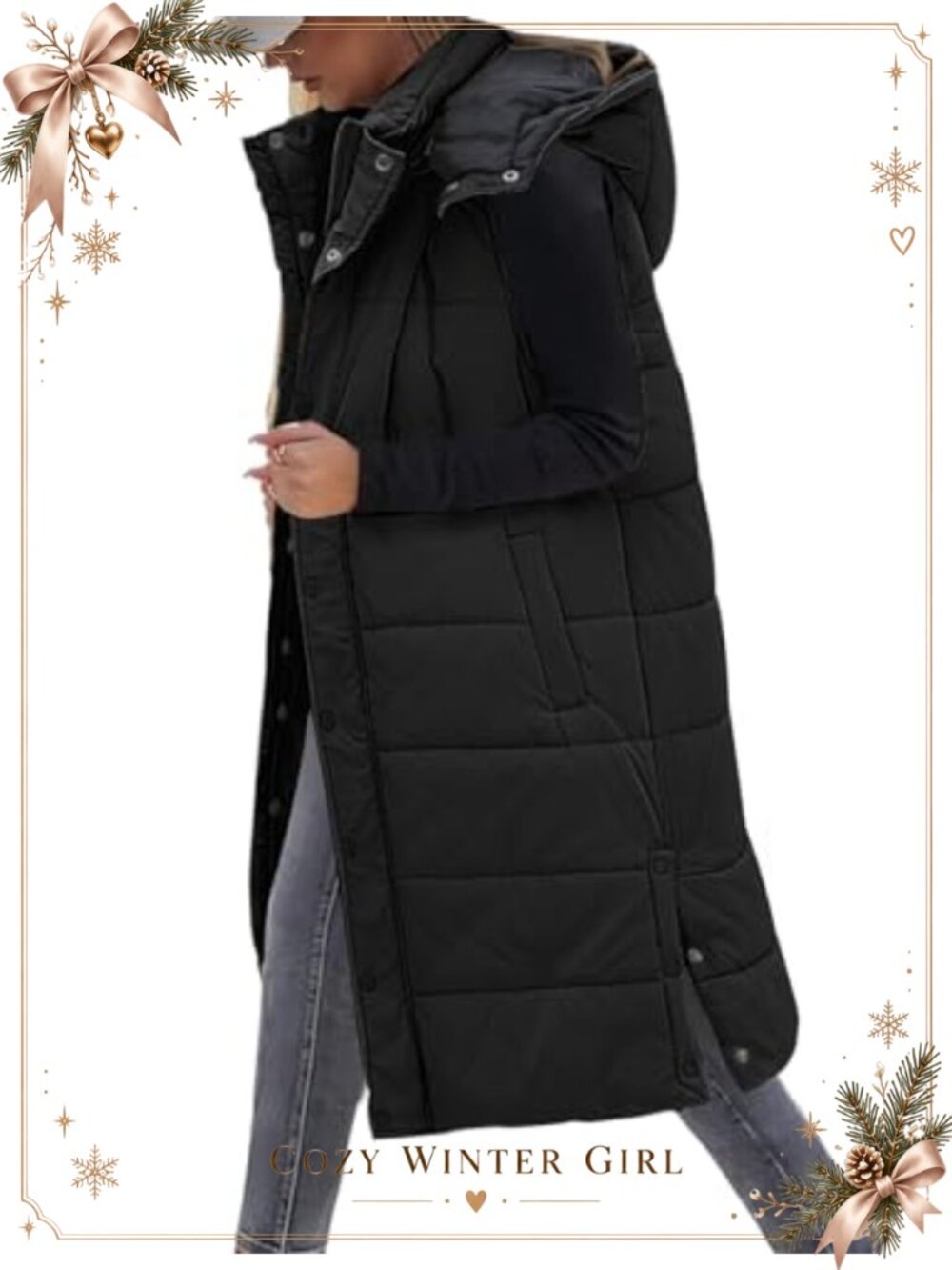 Womens Long Puffer Vest Sleeveless Zip Up Hooded Quilted Winter Warm Outerwear